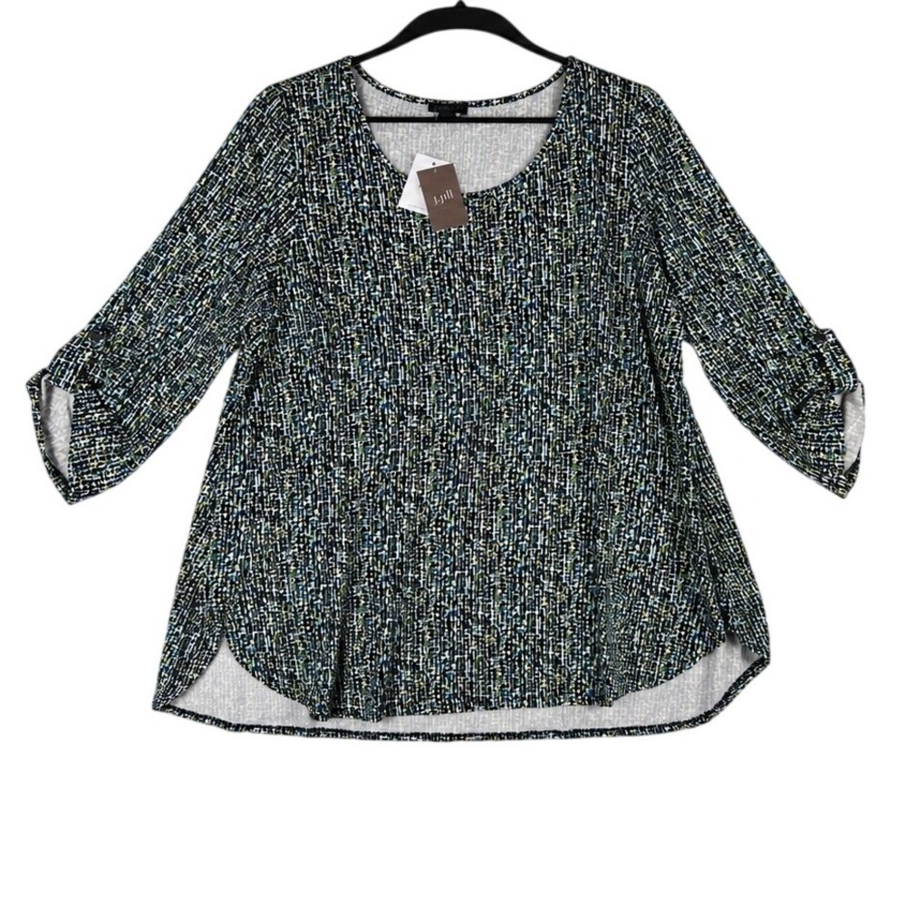 J. Jill Wearever Blue Green Geometric Roll Tab Sleeve Tunic Top Large‎ NWT